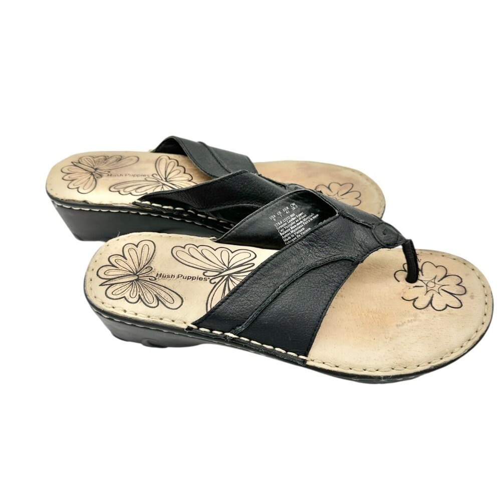 Hush Puppies Womens Size 9M Black Leather Thong Sandals Wedge Heel